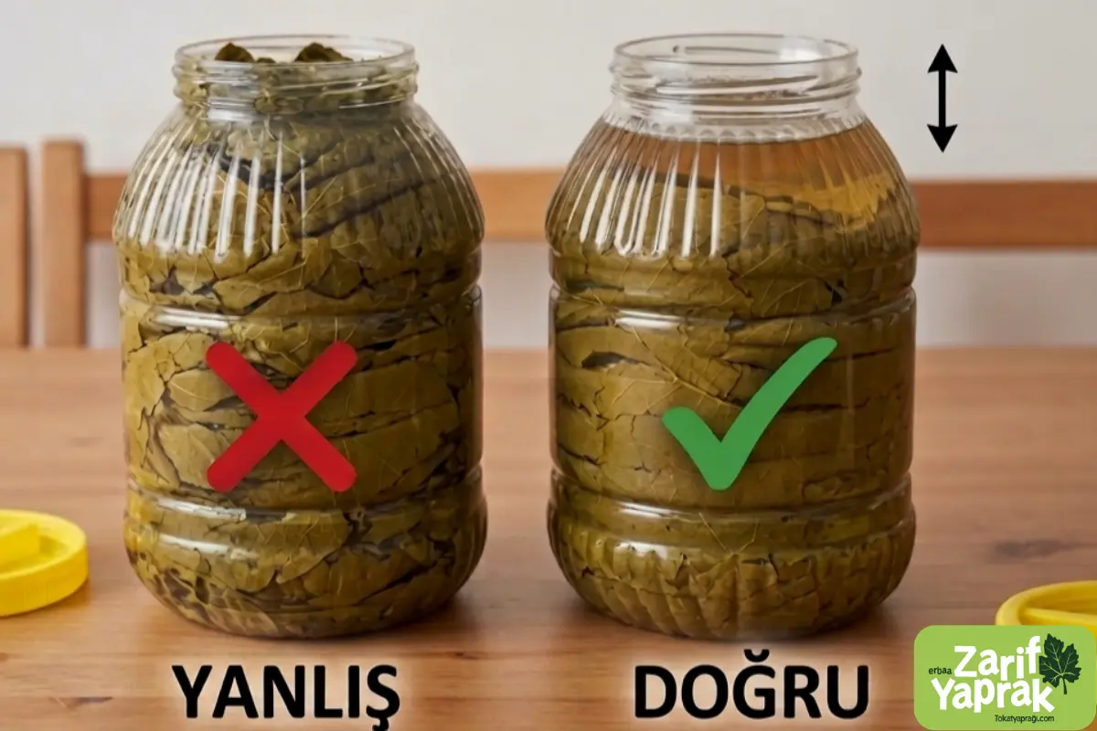 Yanlış ve doğru salamura doldurma tekniği karşılaştırması; ağzına kadar dolu bidon ile üstten pay bırakılmış bidon farkı.