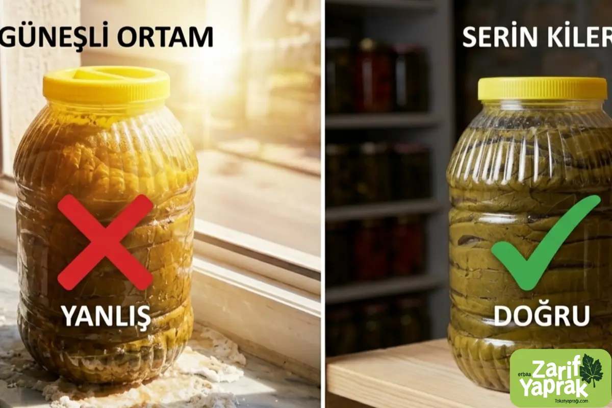 Güneş ışığında taşan salamura yaprak bidonu ile serin kilerde sağlıklı duran bidonun karşılaştırması; sıcaklığın fermantasyon ve taşma üzerindeki etkisi.