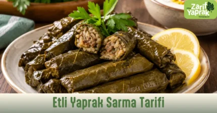 Kıymalı ve pirinçli iç harcı görünen etli yaprak sarmalar, maydanoz ve limon dilimiyle servis tabağında