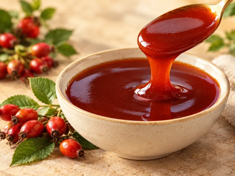 Kaseye kaşıktan dökülen koyu kıvamlı ev yapımı kuşburnu marmelatı ve yanında taze yabani kuşburnu