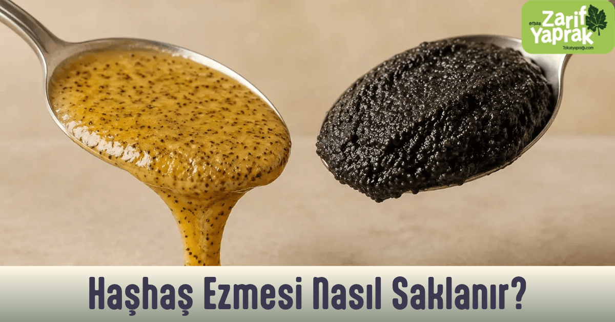Kaşıkta akışkan sarı haşhaş ezmesi ve yoğun kıvamlı siyah haşhaş ezmesi yan yana