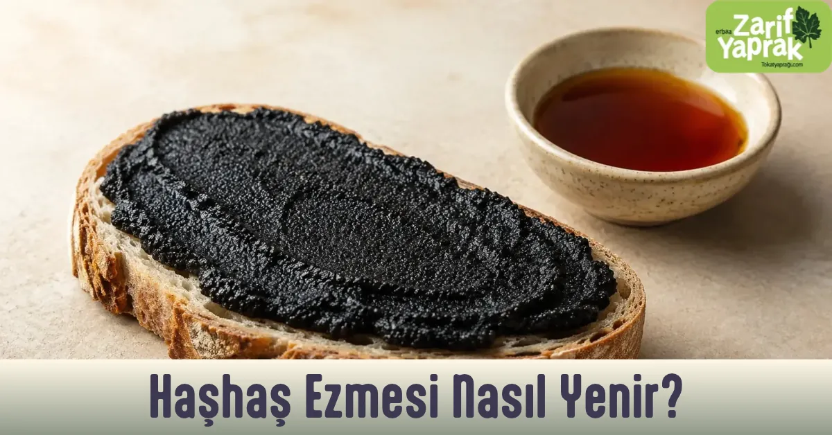 Ekmek dilimine sürülmüş siyah haşhaş ezmesi ve yanında bir kase pekmez